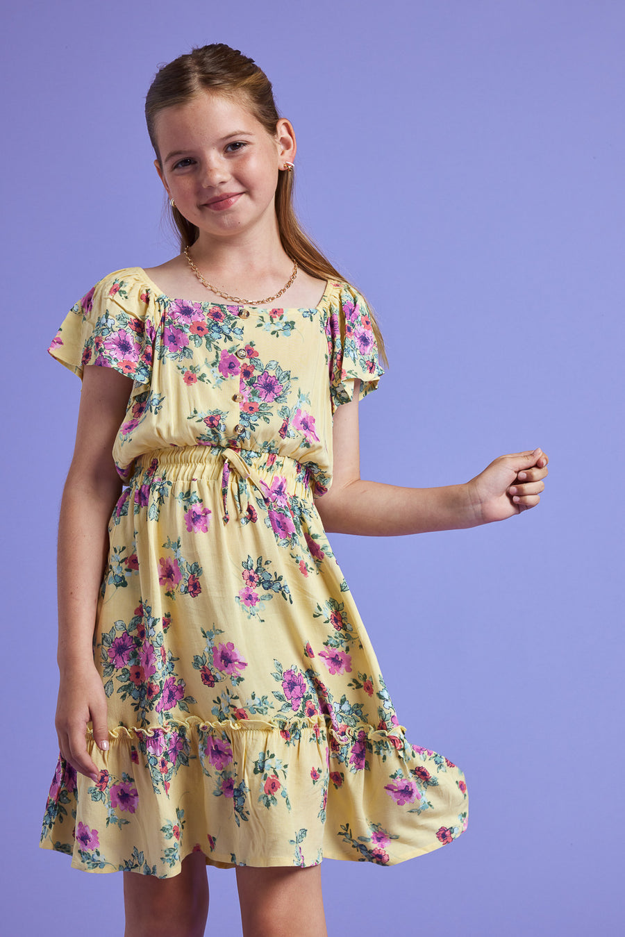 Kids Yellow Floral Scrunchy Woven Dress - Trixxi Clothing