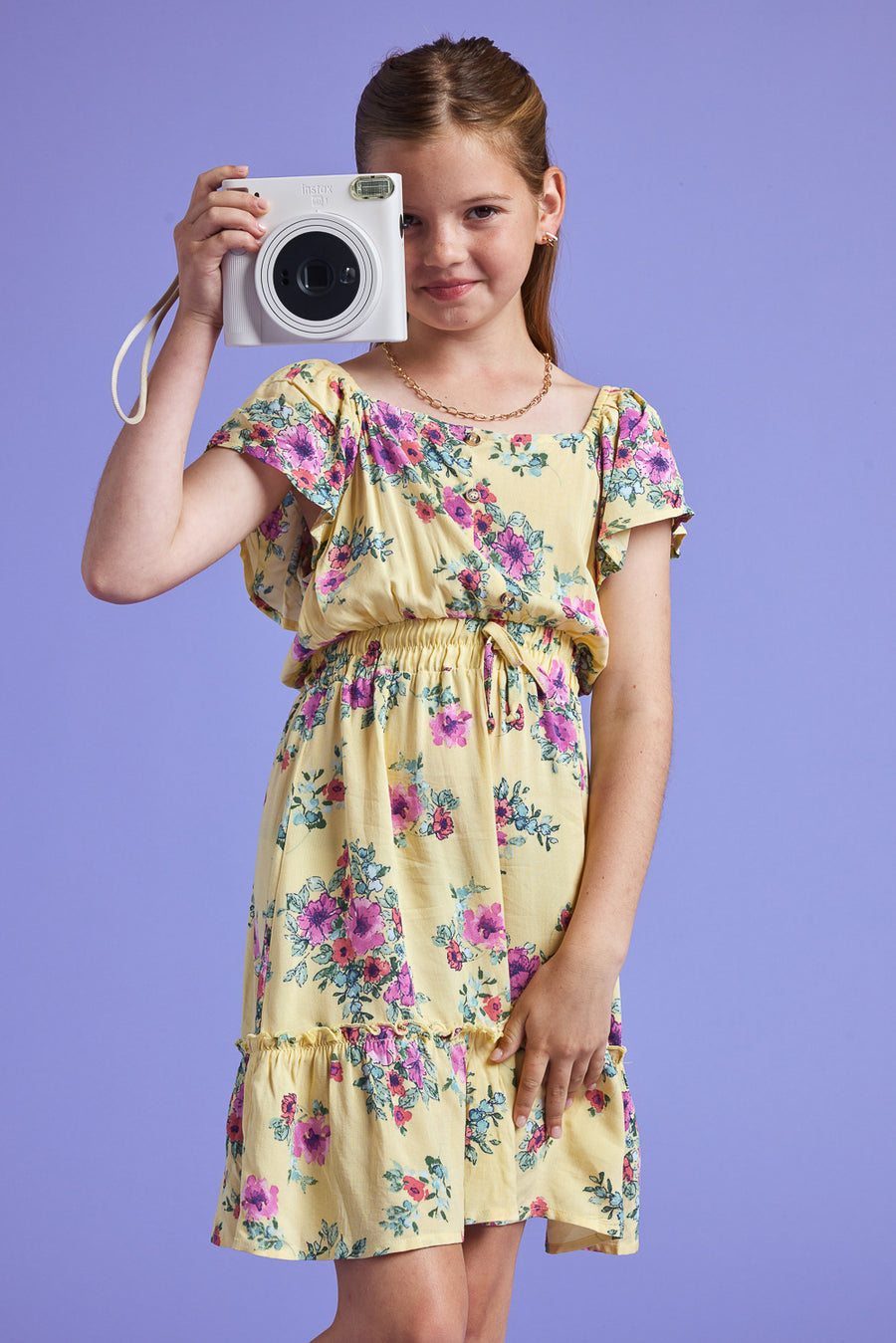 Kids Yellow Floral Scrunchy Woven Dress - Trixxi Clothing