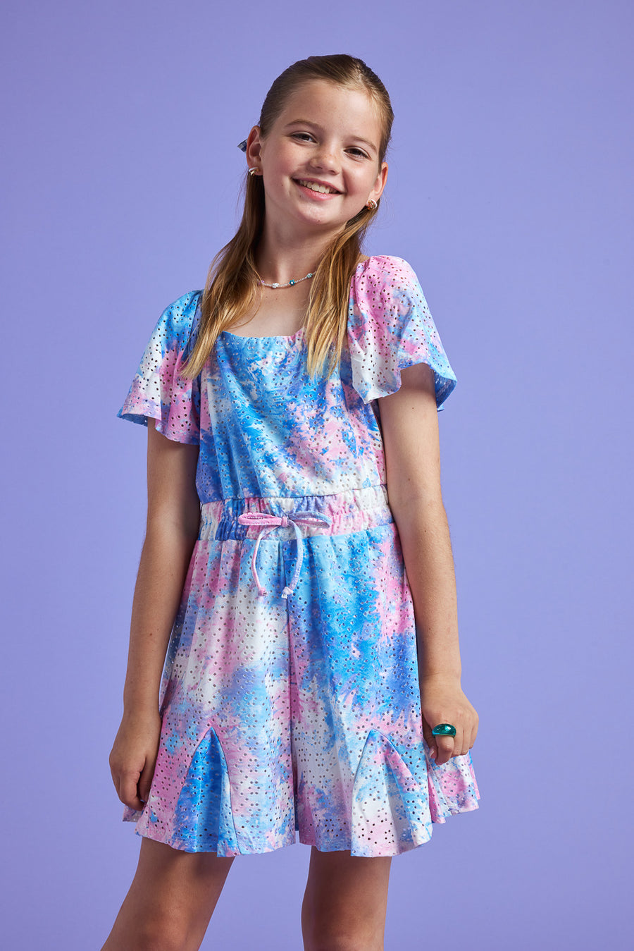 Kids Blue Tie Dye Eyelet Romper - Trixxi Clothing