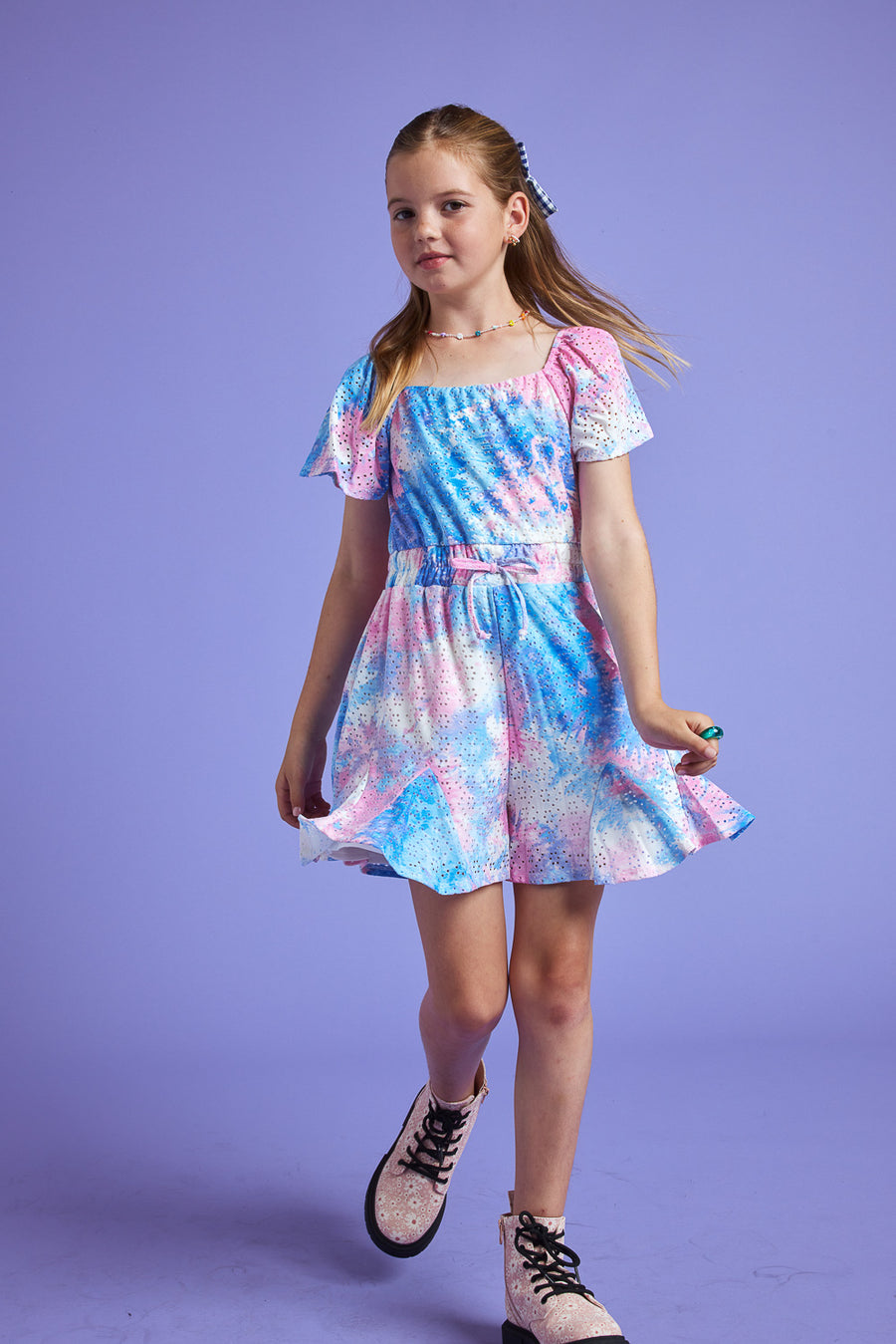 Kids Blue Tie Dye Eyelet Romper - Trixxi Clothing