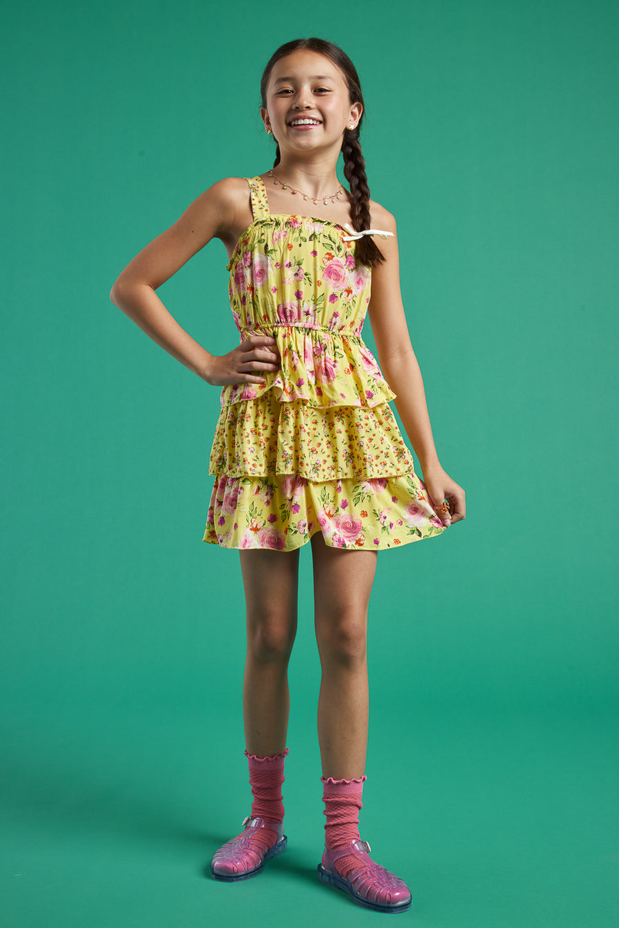 Kids Yellow Floral Sleeveless Twin Print Dress - Trixxi Clothing