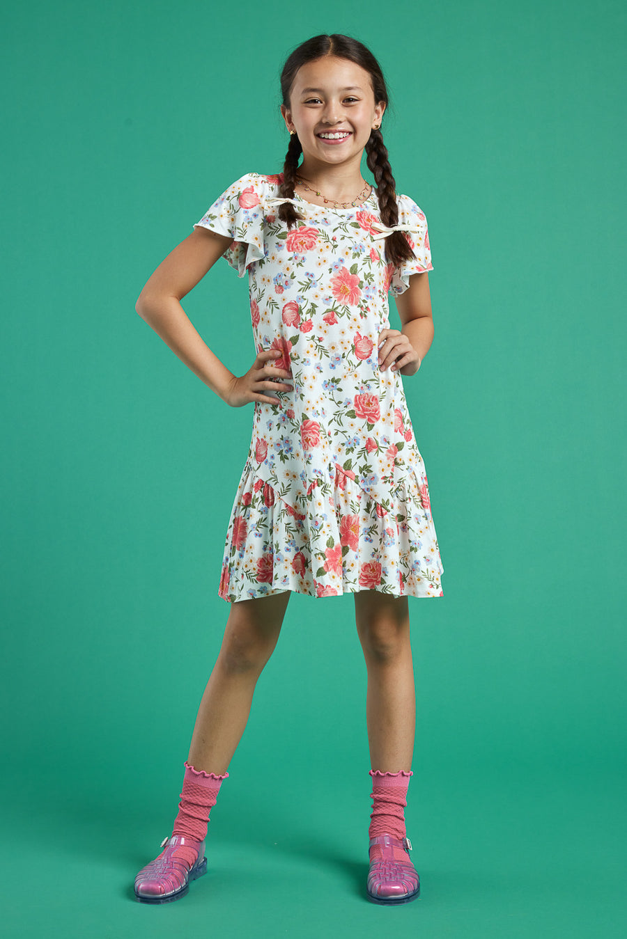Kids White Floral Short Sleeve Scrunchy Dress - Trixxi Clothing