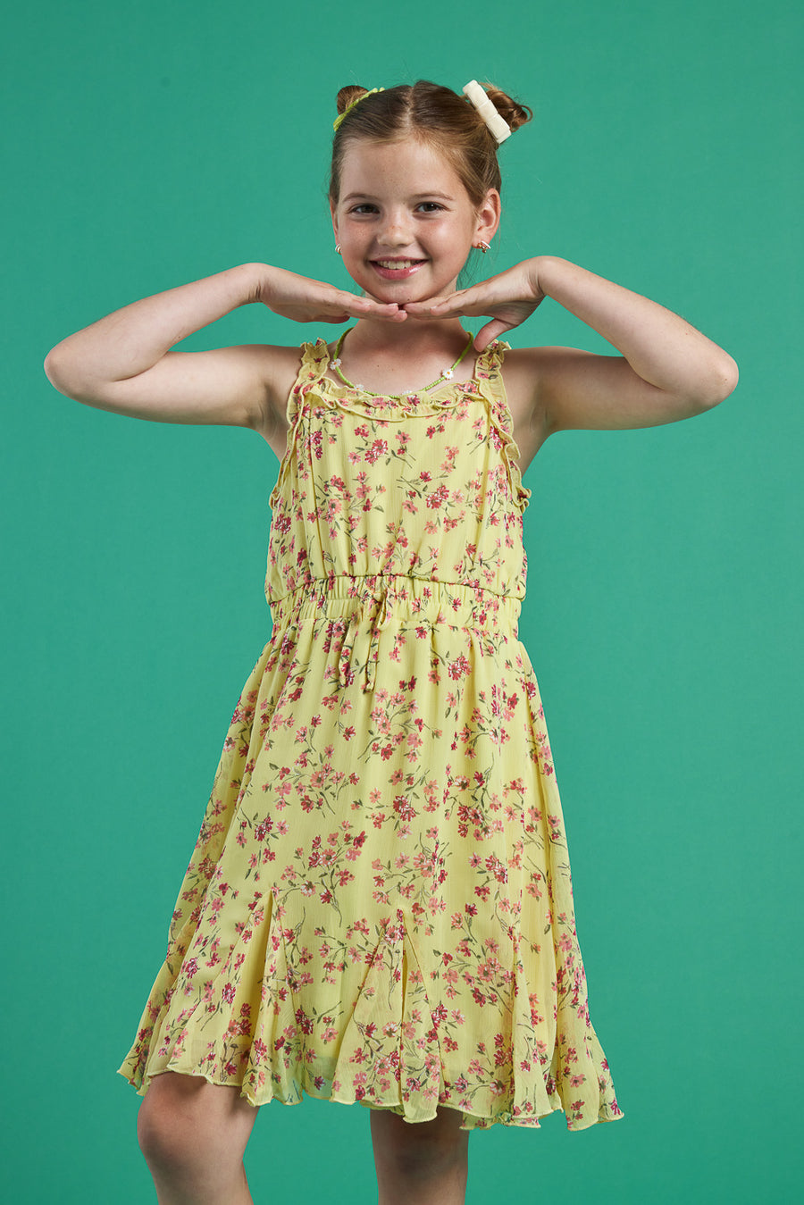Kids Yellow Floral Emma Ruffle Strap Dress - Trixxi Clothing