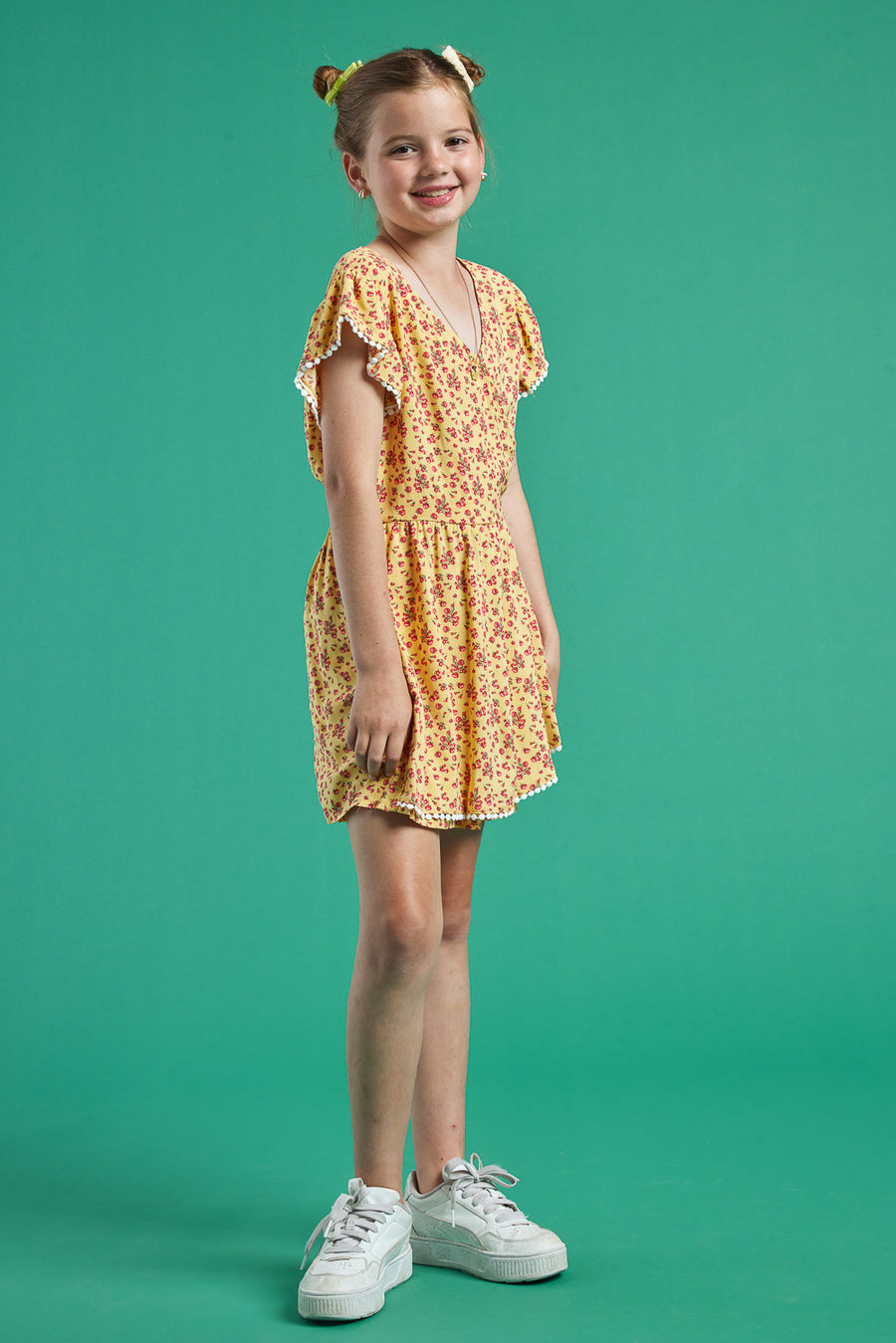 Kids Yellow Floral Print Romper with Pom Pom - Trixxi Clothing
