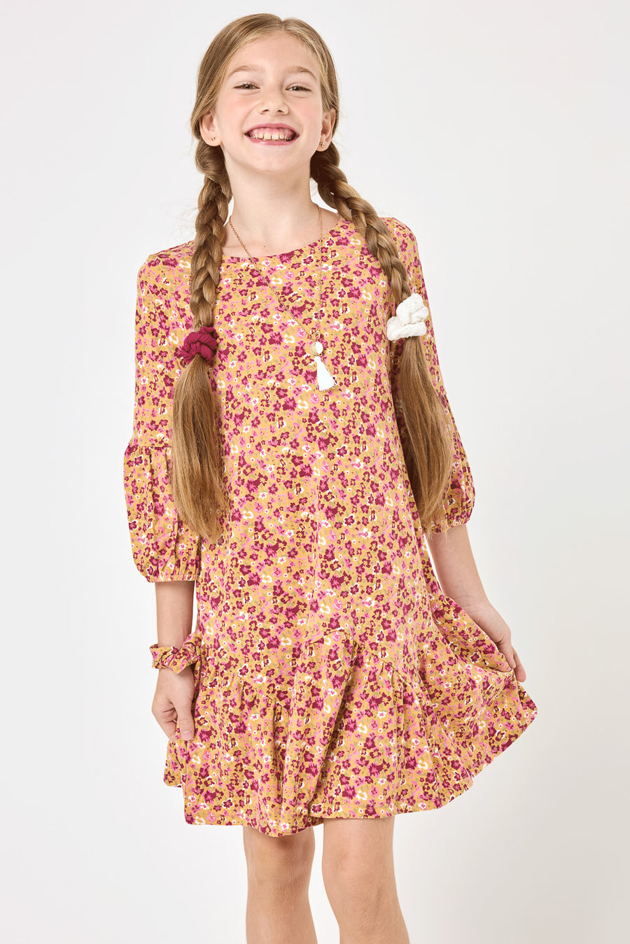 Kids Orange Floral Lantern Sleeve Swing Dress - Trixxi Clothing